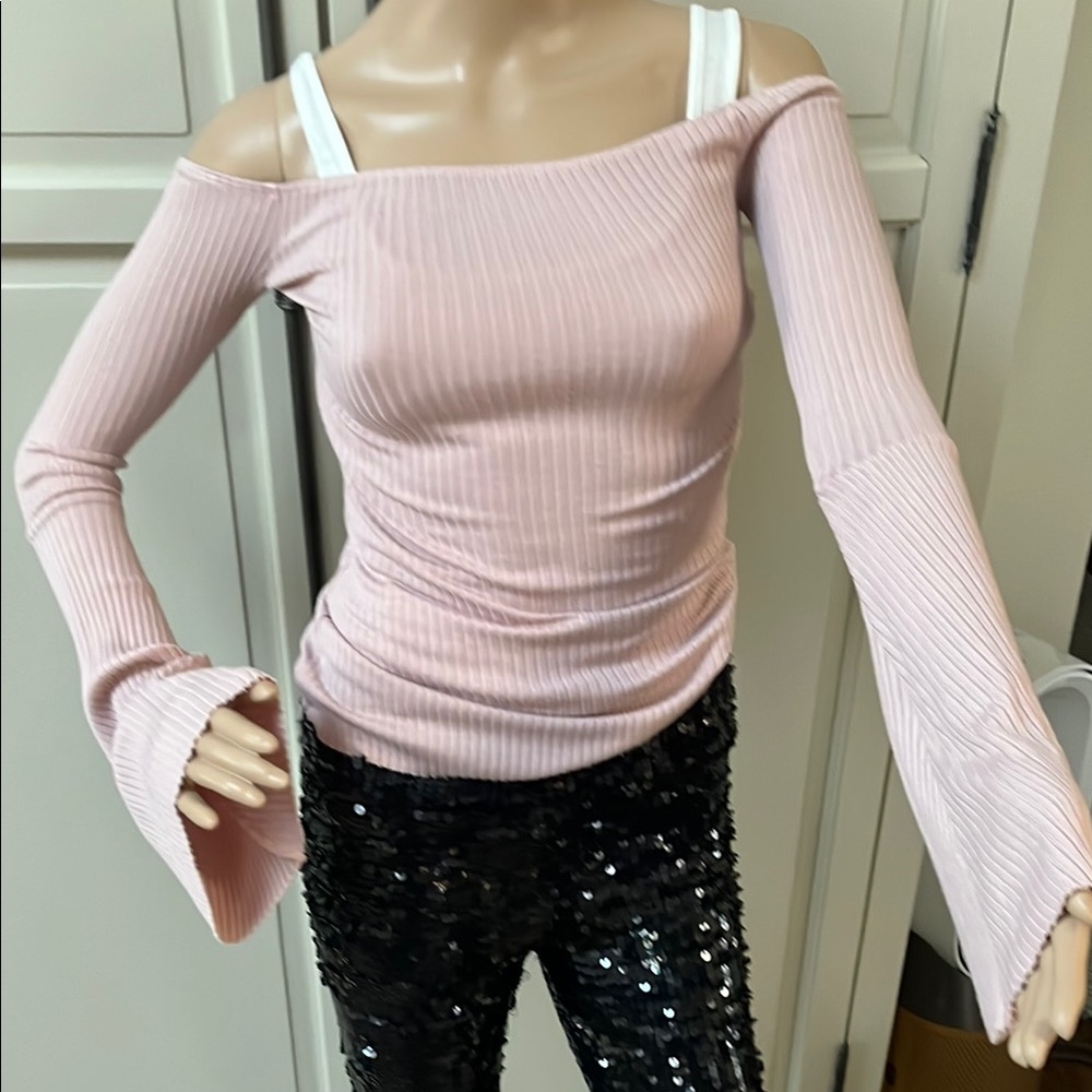 Michael Lauren Pink Off-the-Shoulder Sweater with Ribbed Texture